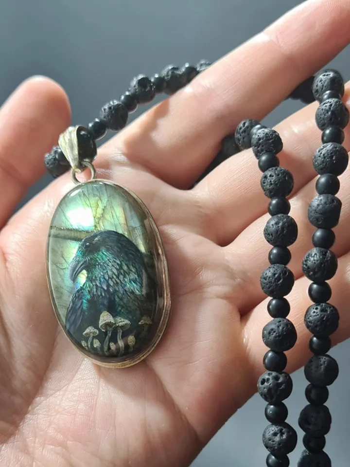 Raven necklace with toadstools Crow Viking Labradorite Shungite Lavastone