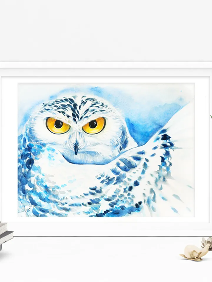 White Owl Art Print, Printable Download, Blue Watercolor Print, Wild Animal, Wall Decor, Prints Wall Art, Forest Nature Eco
