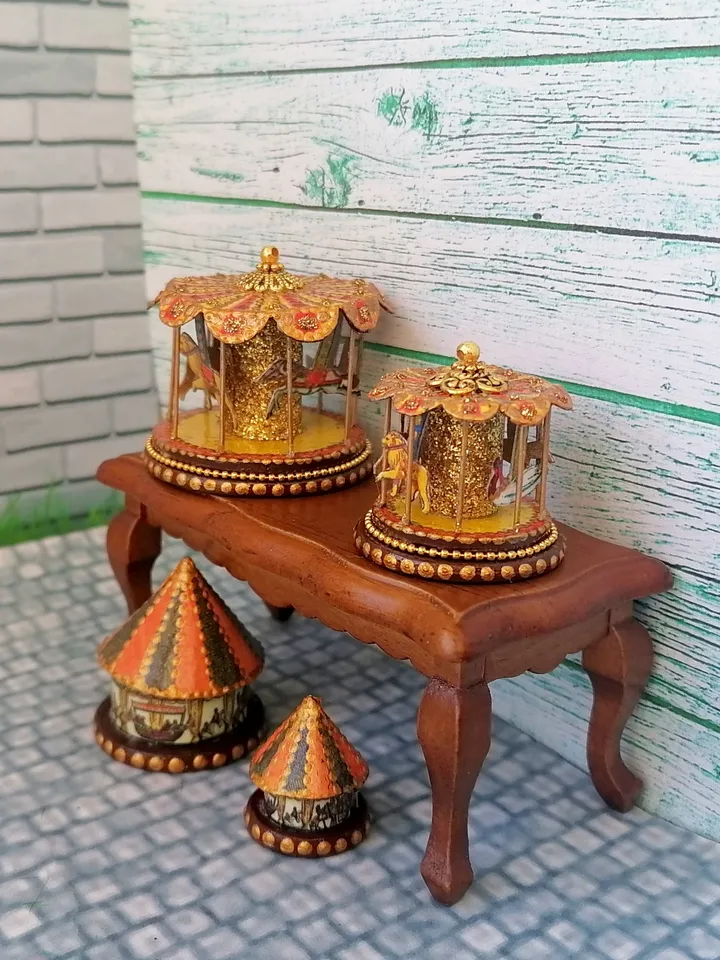 Miniature dollhouse carousel with gold trim. 1:12. Dollhouse miniature.
