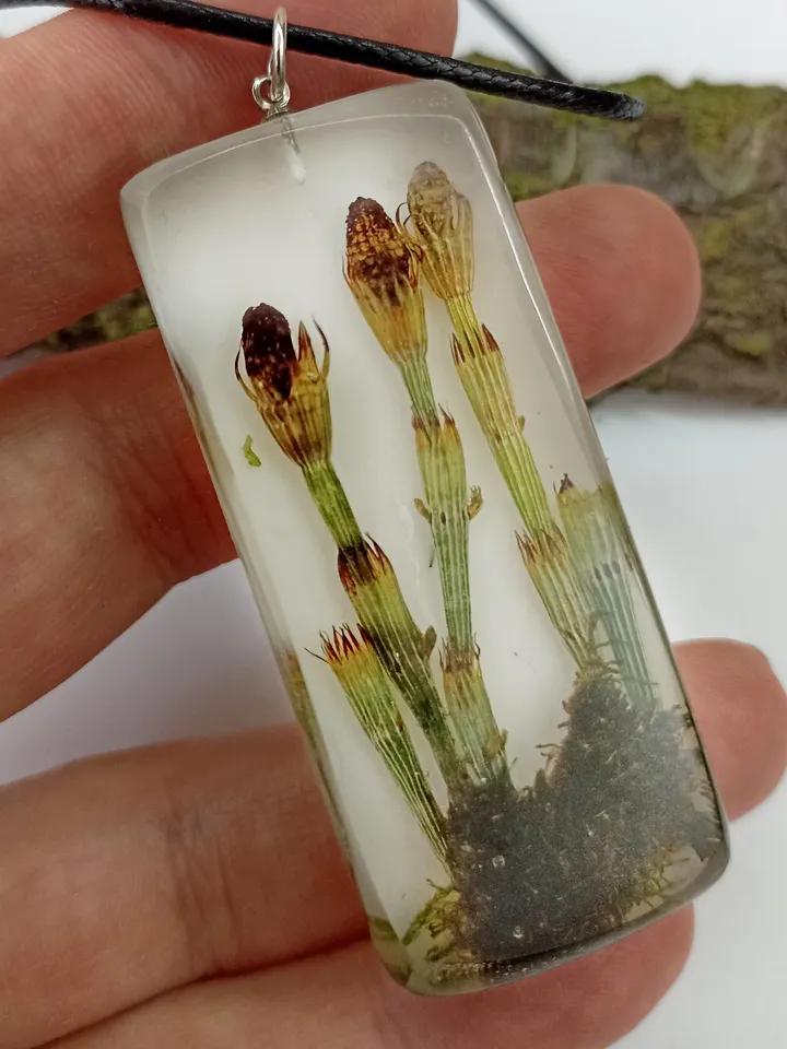 Green resin charm necklace with river horsetails Rectangle pendant with real plants