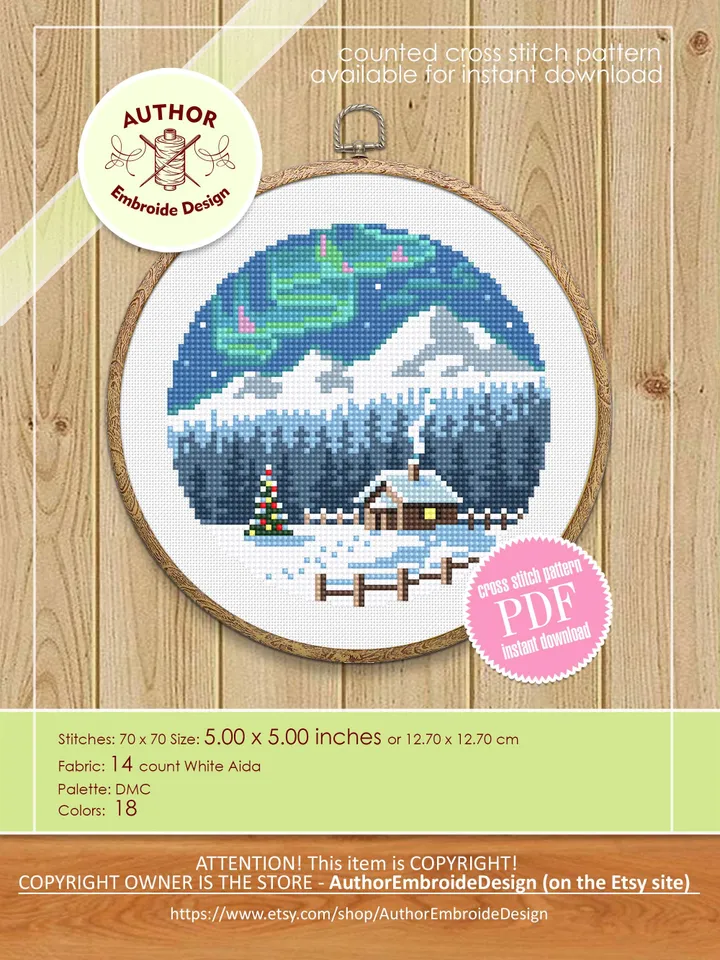 Christmas houses cross stitch pattern PDF download Winter landscape cross stitch chart, Christmas pattern digital PDF, Northern lights #N181