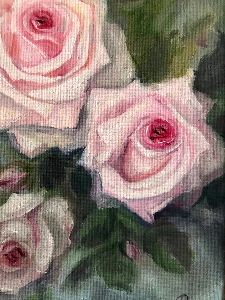 Pink Roses Painting Flowers Oil Wall Art Shabby Chic Painting