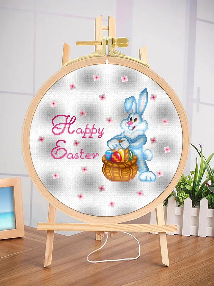 Easter bunny basket cross stitch pattern download PDF Cute rabbit cross stitch chart, Happy Easter ornament cross stitch, Easter eggs #T2