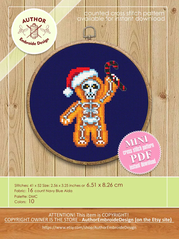 Gothic gingerbread man cross stitch pattern download PDF Christmas skeleton cross stitch chart, Small embroidery beginner, Gothic decor #N83