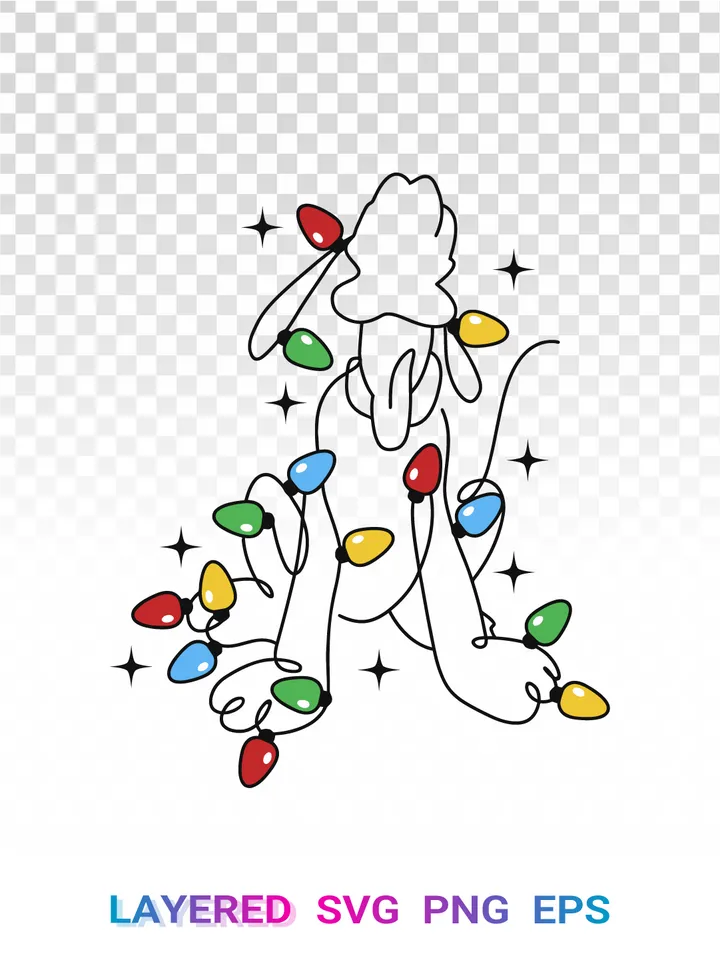 Pluto Christmas Lights SVG, Disney Holiday One Line Art PNG