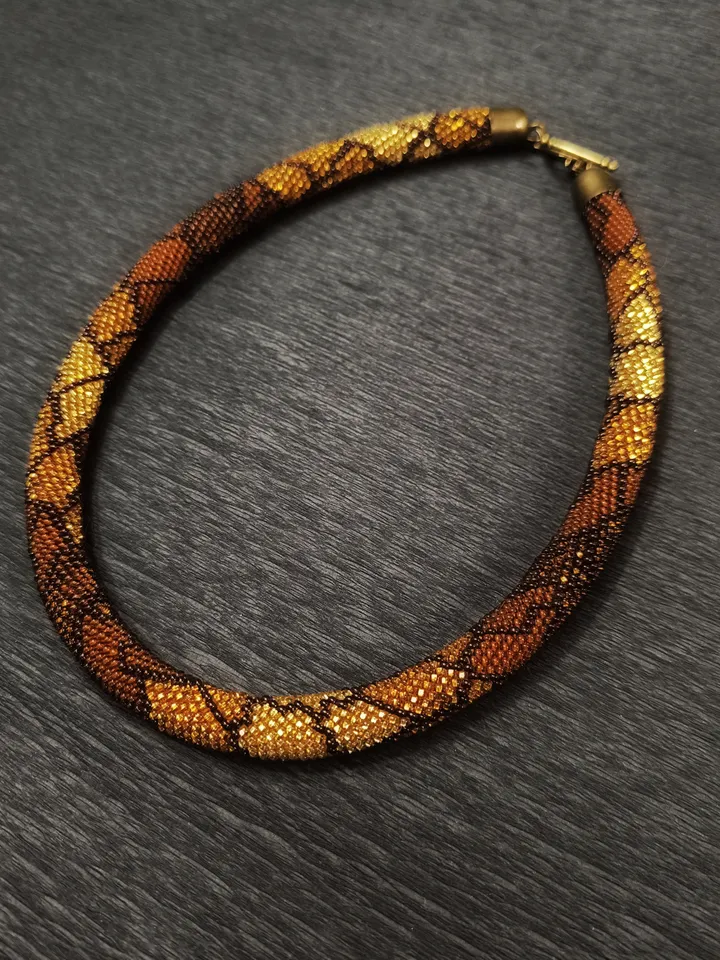 Golden Brown Beaded Bib Statement Necklace, Elegant Handmade Choker for Woman, Festive Original jewelry