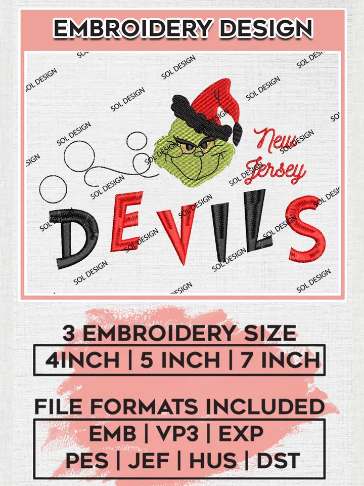 Grinch New Jersey Devils Embroidery Designs, Grinch Christmas Embroidery Files, NHL Devils Machine Embroidery Designs, NHL New Jersey Devils Logo, NHL Christmas Machine Embroidery Design, Digital Download