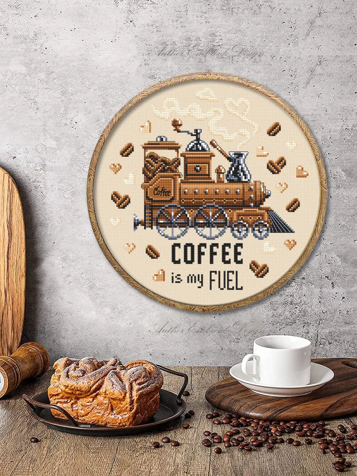 Funny Coffee quote cross stitch pattern PDF download Coffee is my fuel, Coffee Train cross stitch chart, Kitchen pattern digital PDF #Q58