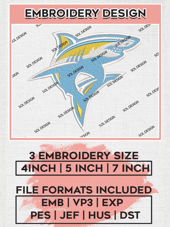 Long Island University Sharks Mascot Embroidery Designs, NCAA Logo Embroidery Files, NCAA LIU Sharks Logo, NCAA Embroidery Designs, Machine Embroidery Designs, Digital Download