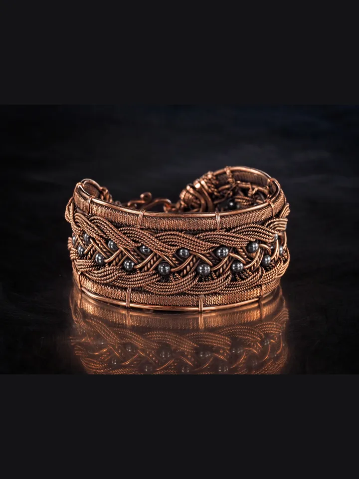 Copper wire wrapped bracelet with hematite for lady Antique style WireWrapArt