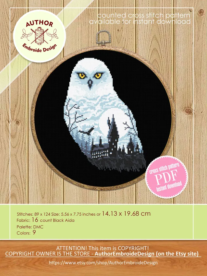 Owl silhouette cross stitch pattern download PDF Magic castle cross stitch Wizard school xstitch chart Halloween moon pattern digital #H32