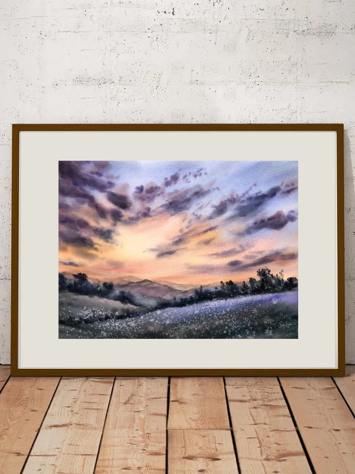 Sunset Painting Original Watercolor Landscape Cloud Painting Original Sky Wall art