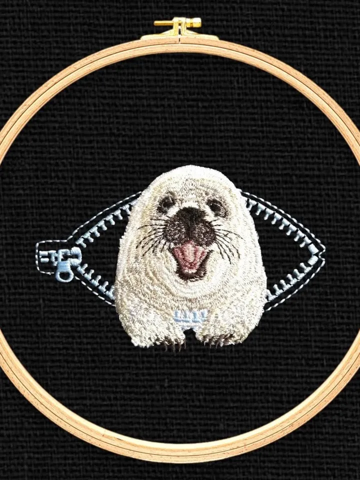 Fur seal in a zipper pocket Miniature realistic machine embroidery design Pet design seal realistic pattern fur seal embroidery motif