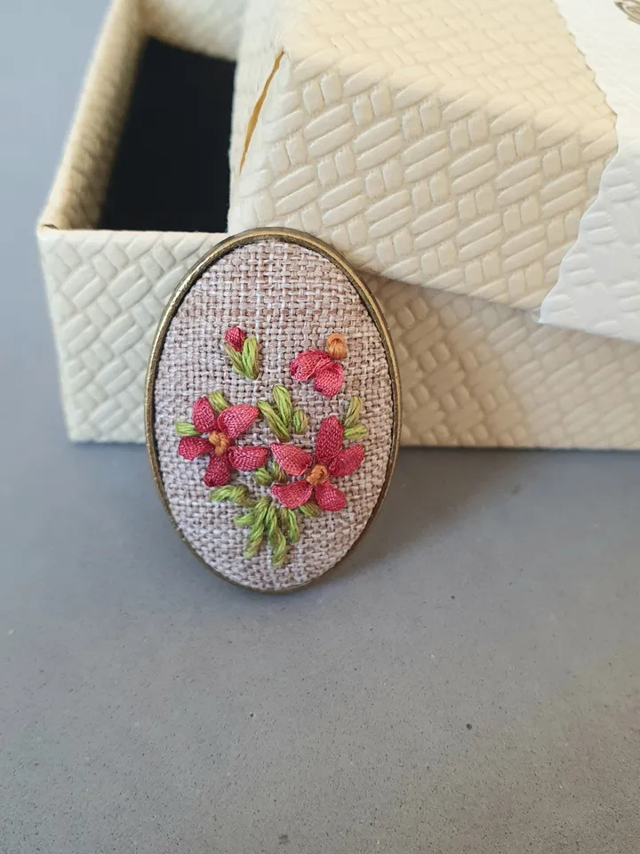 Ribbon embroidered brooch for her, hand embroidery jewelry