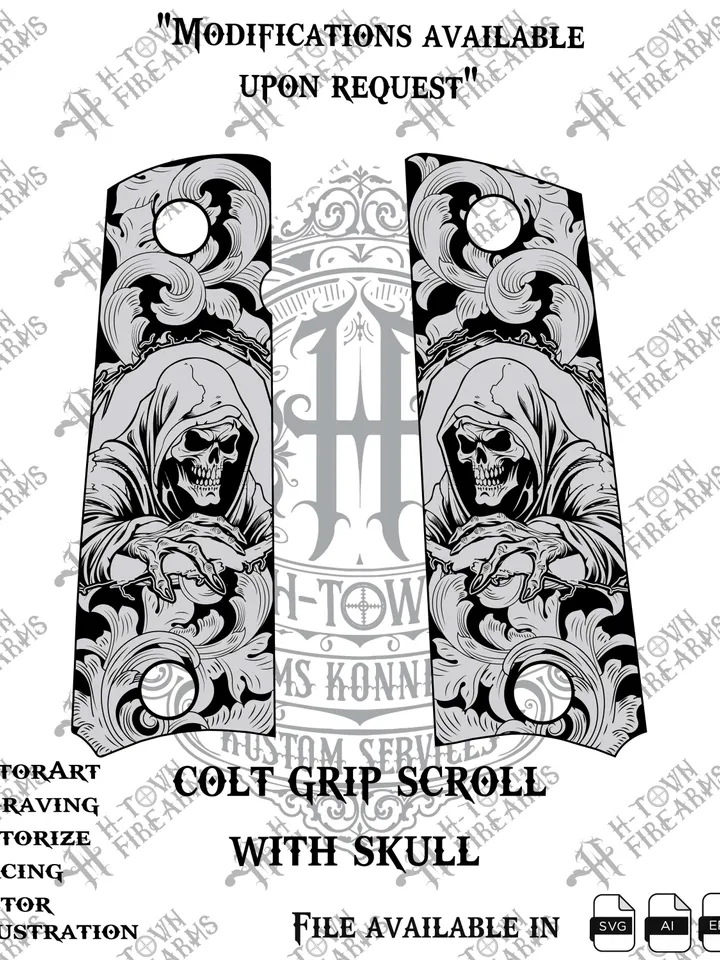 Colt Pistol Grip Scroll & Skull Vector Design: Laser Engraving Art (Digital Download)