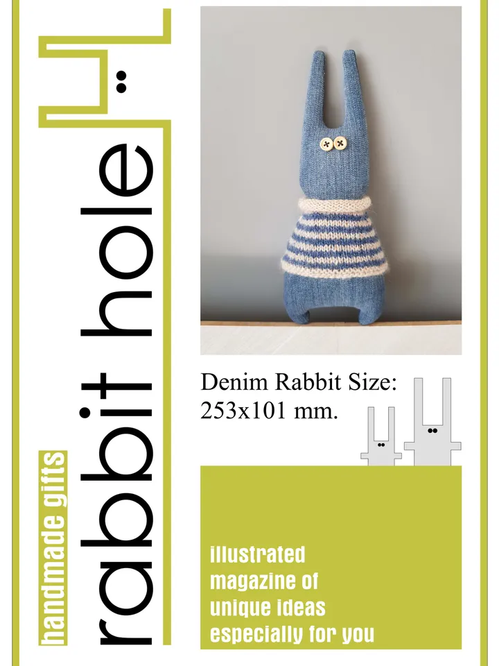 Rabbit sewing and knitted patterns PDF digital tutorial, denim Rabbit in striped sweater