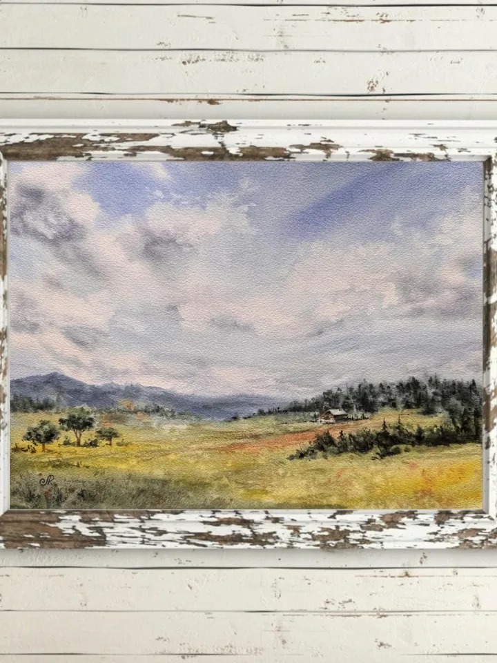 Landscape Original Meadow Painting Nature Watercolor Wall Art Field Painting