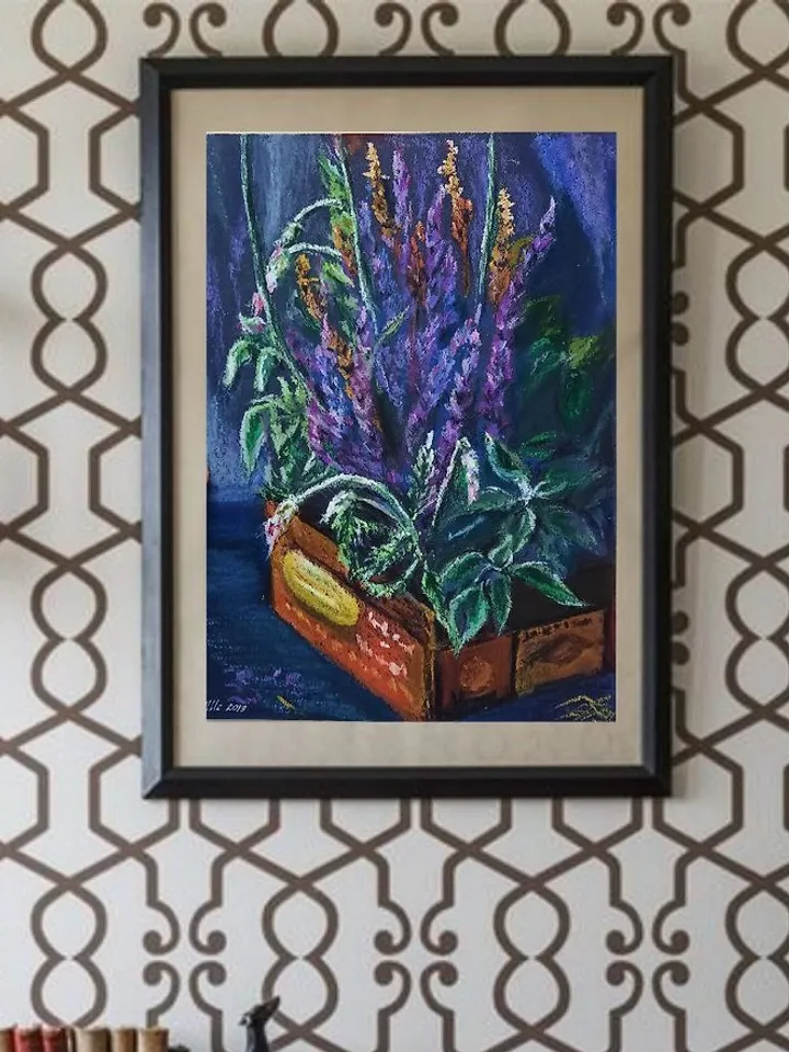 Lavender painting Oil pastel painting Still life Floral painting Original art
