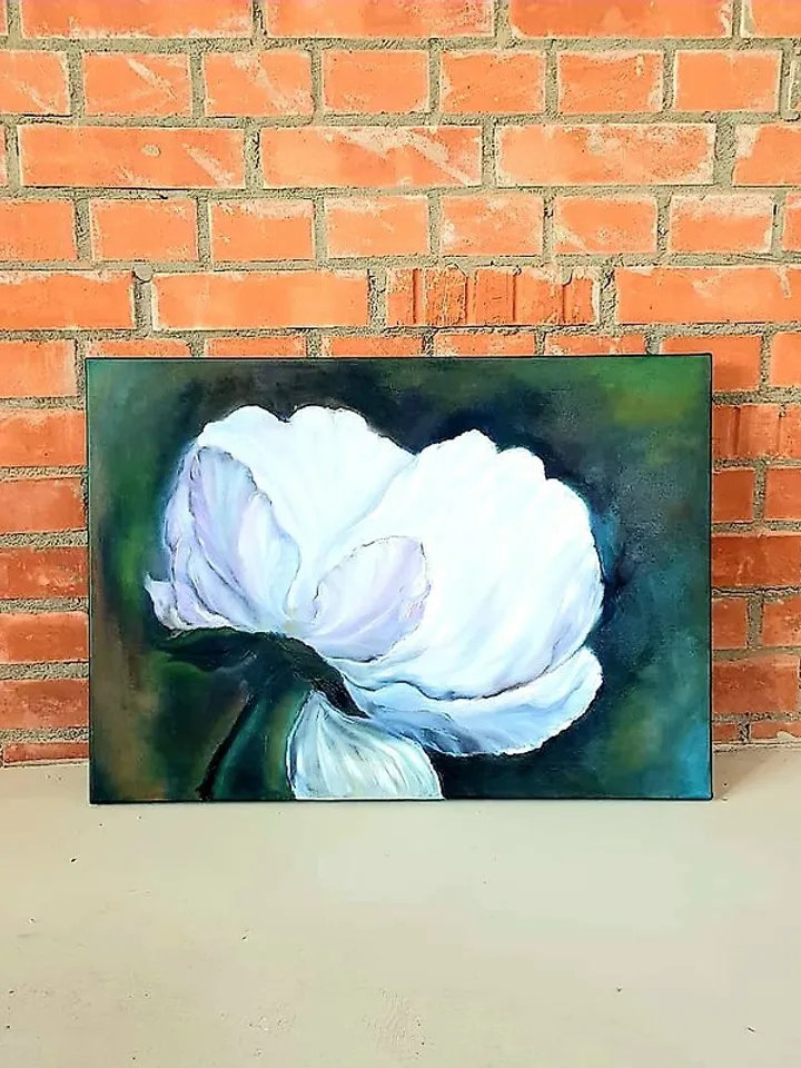 Flower oil painting Large blossom white flower Original camellia art on canvas