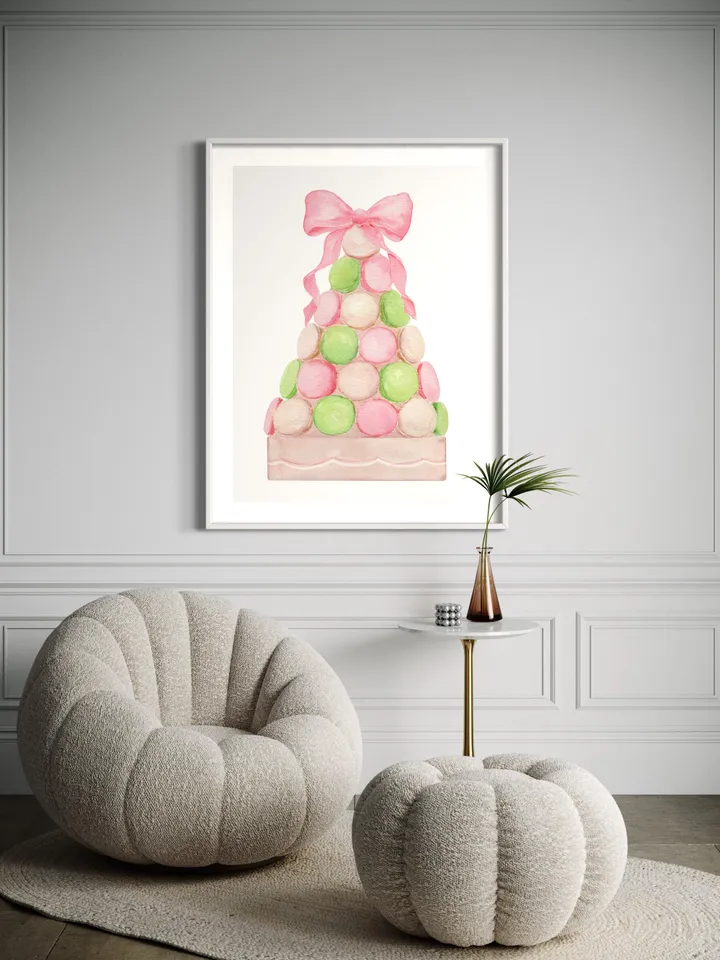 Pink Macaron Bow Print, Watercolor Painting, Pink And Mint, Bakery Painting, Bakery Pink Cupcake, Gift For Her, Watercolor Dessert, Pink Bow