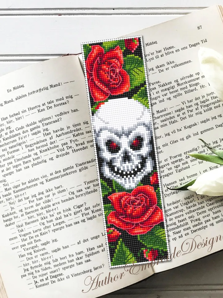 Gothic bookmark cross stitch pattern PDF download Skull and roses cross stitch chart, Bookmark pattern digital PDF, Red flowers #B372