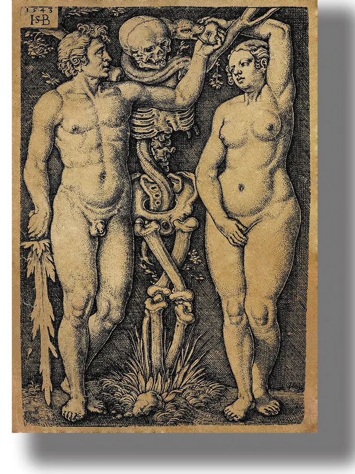 Adam, Eve, the Tree of Knowledge in the form of a Skeleton and a Snake giving an apple. The fall of Man.