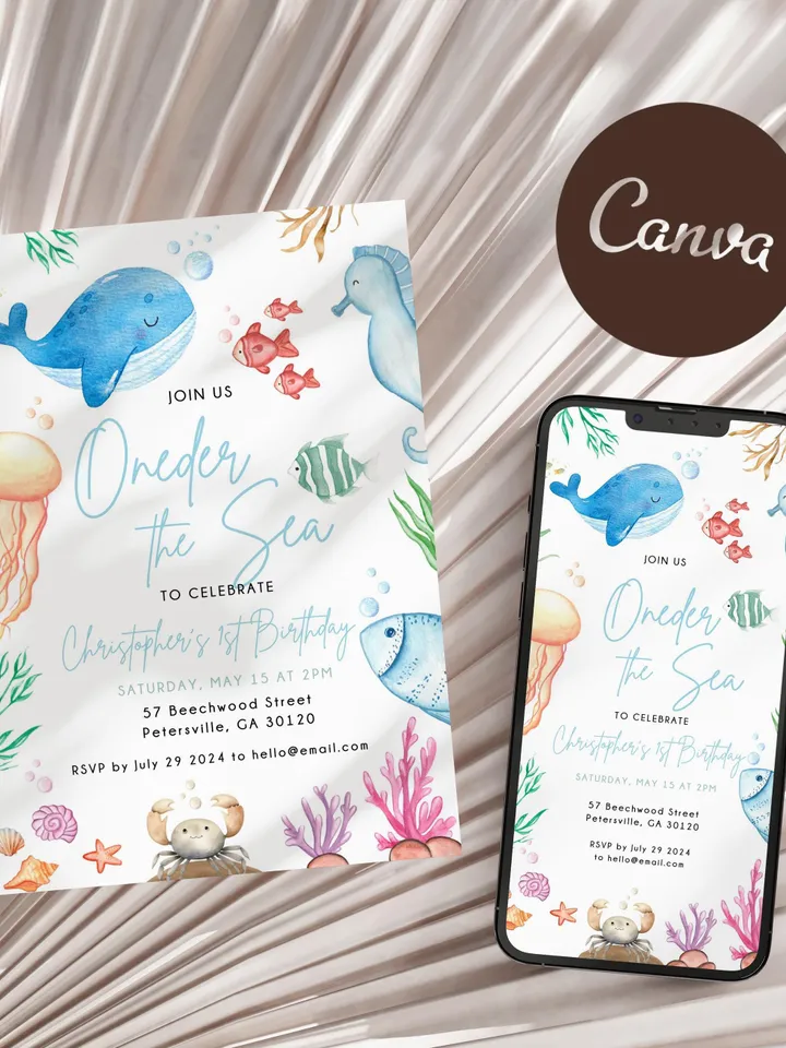 Oneder the Sea Birthday Invitation Under the Sea Editable Canva Template, 1st Birthday Invite Ocean Animals Invitation, Kids Birthday Invite
