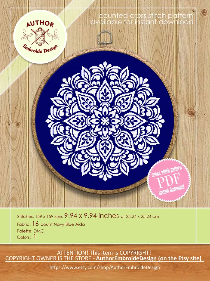 Flower mandala cross stitch pattern PDF download, Simple mandala pattern digital PDF, Monochrome cross stitch chart, Mandala ornament #M243