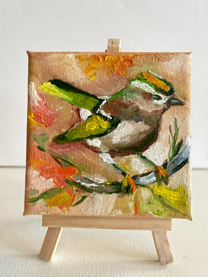 Tiny bird oil painting, Goldcrest painting, Original oil Painting on Canvas, Wildlife Art, Miniature Artwork 4"x 4"