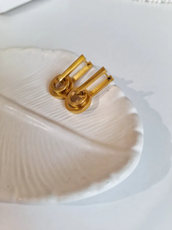 Elongated steel earrings hand made Stylish jewelry for everyday looks Gold plated earrings
