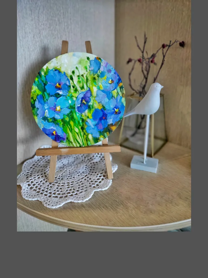 Flowers Blue Poppies Original Oil Painting Canvas on Cardboard Diameter 8 inches Flowers Painting Impasto Art Blue Flowers Wall Art by Natalia