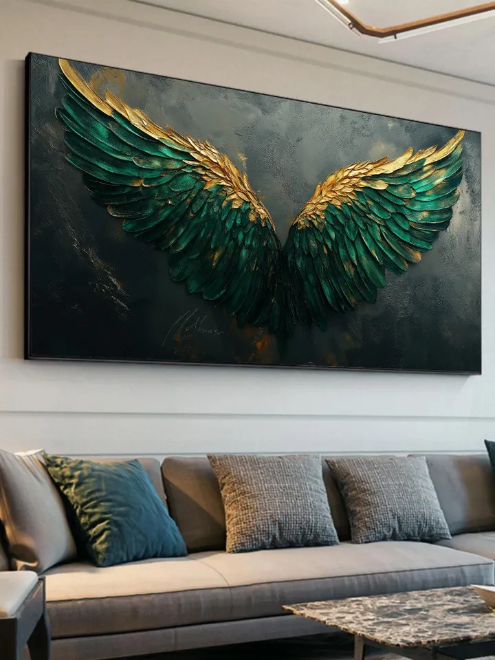 Large Emerald Green & Gold Angel Wings Impasto Painting, Textured 3D Wall Art, Original Abstract Art, Unique Home Decor, Office Wall Decor