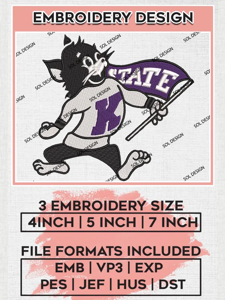 Kansas State Wildcats Team Mascot Logo Embroidery Design Files, NCAA Kansas State Wildcats Machine Embroidery, NCAA Teams, 3 sizes, NCAA Machine embroidery designs, Digital Download