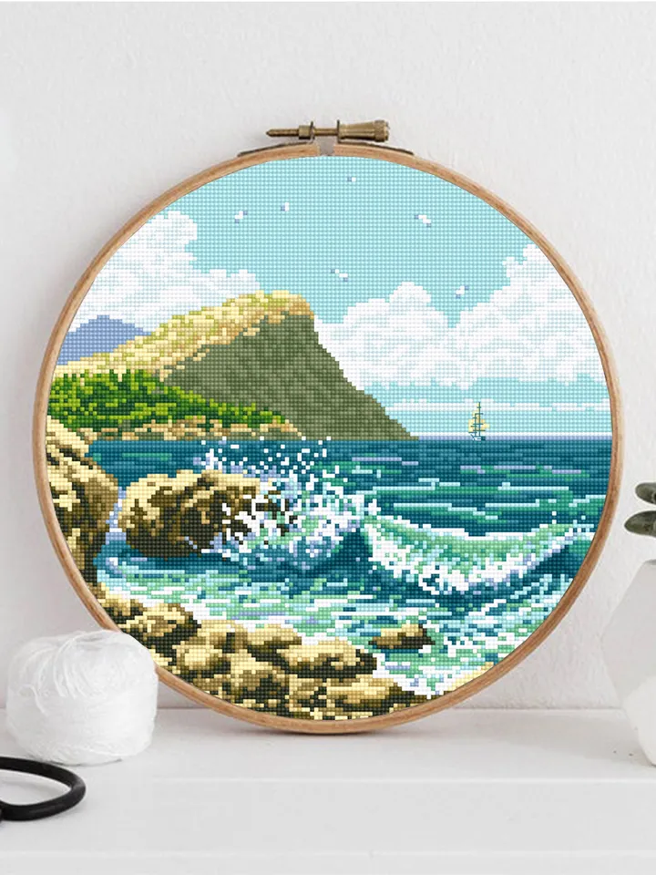 Sea landscape cross stitch pattern download PDF Ocean waves cross stitch chart Nature hand embroidery PDF Summer cross stitch sampler #L37