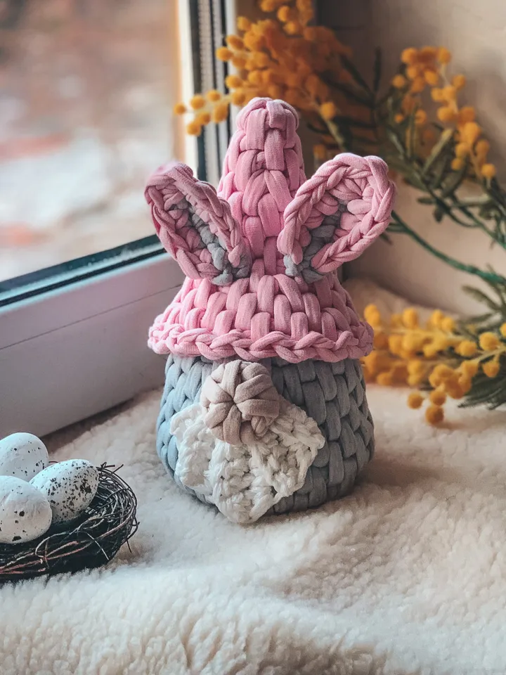 Scandinavian Easter gnome bunny basket, Nordic gnome, crochet gift for lucky, interior gift, bathroom bedroom storage, huge