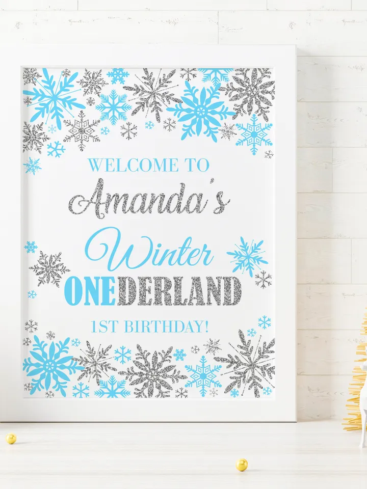 Winter Onederland Welcome Sign Blue Silver Winter Onederland 1st Birthday Boy Decorations, Snowflake Birthday Sign, Editable Template