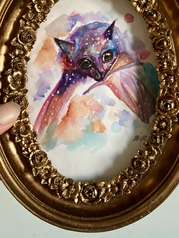 Framed Bat Watercolor Painting Original Cute Bat Art Wild Animals Decor Whimsigoth Art