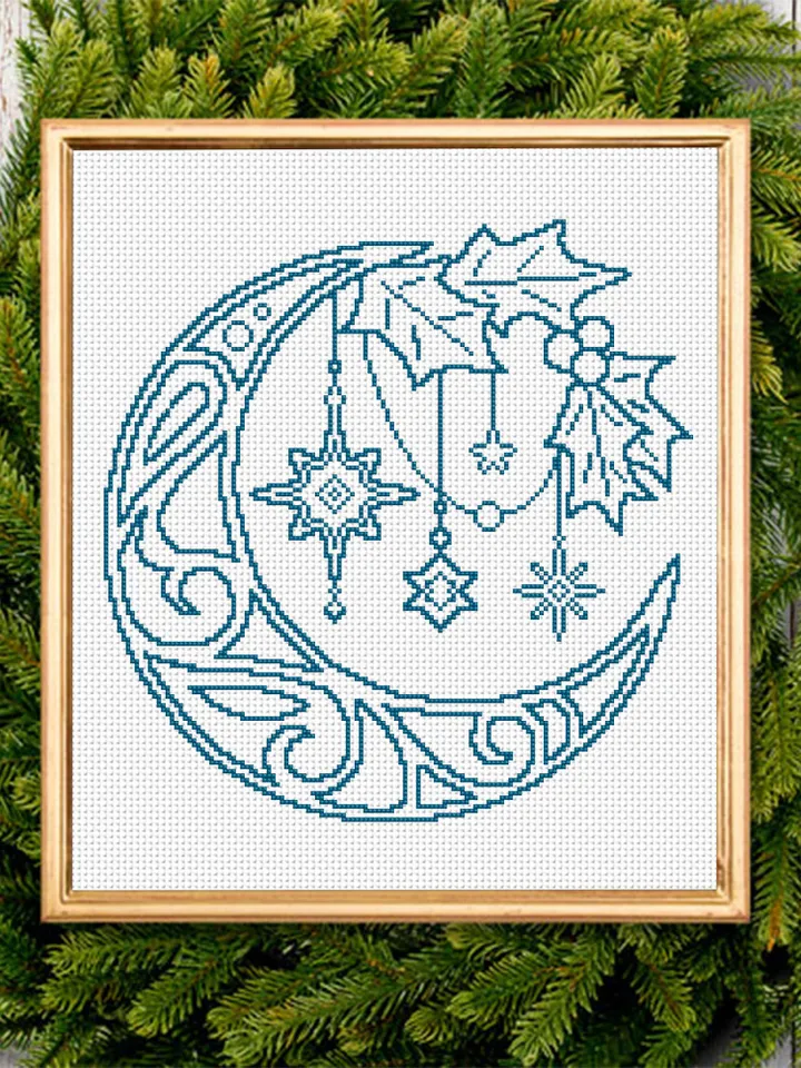 Crescent moon cross stitch pattern download PDF Christmas moon embroidery PDF, Monochrome mandala set cross stitch, Easy beginner stitch #S4