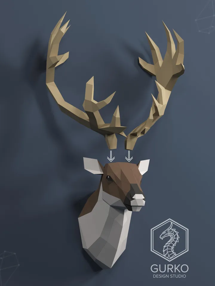 Reindeer Head Papercraft, Digital Template, PDF Download, Gurko, 3D Low Poly, Pepakura, DIY Origami Sculpture, Paper Decor, DIY Gift