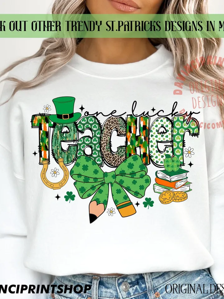 Teacher St Patrick Coquette Bow png, St Patricks Day png, Teacher png, Lucky Teacher png, Retro St Patricks png, Gift for Teacher, png files