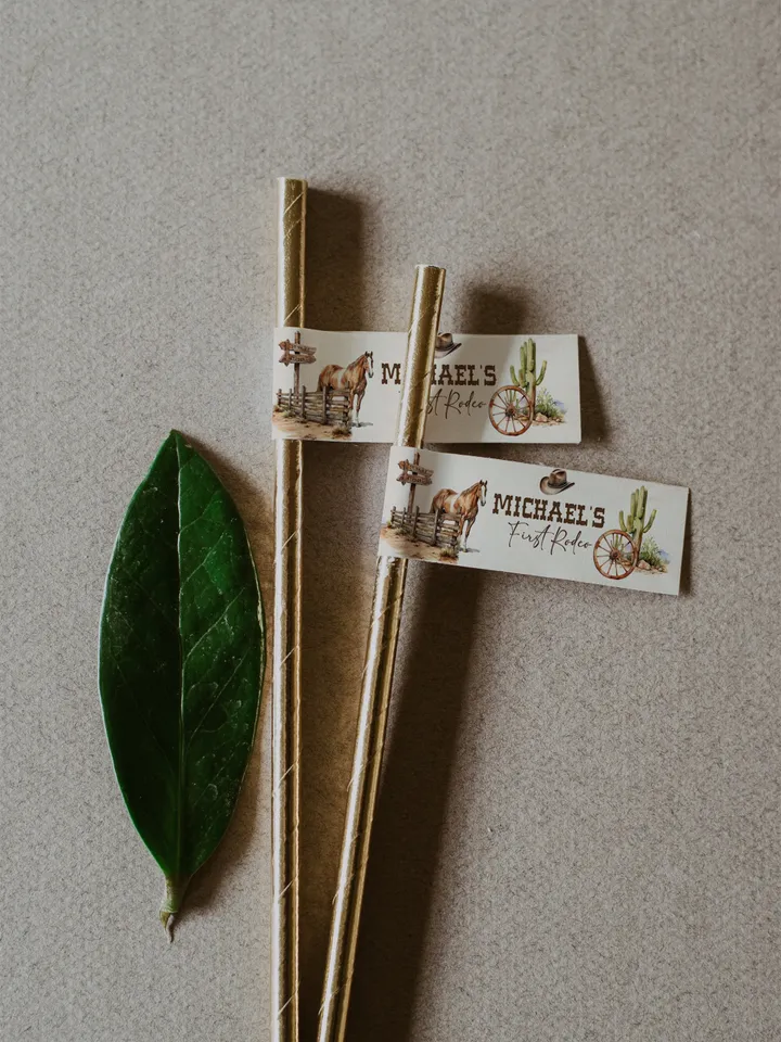 Editable Straw Tag First Rodeo Birthday party label; Wild West Cowboy Party;  Our Little Cowboy is One Party Birthday ; fr12