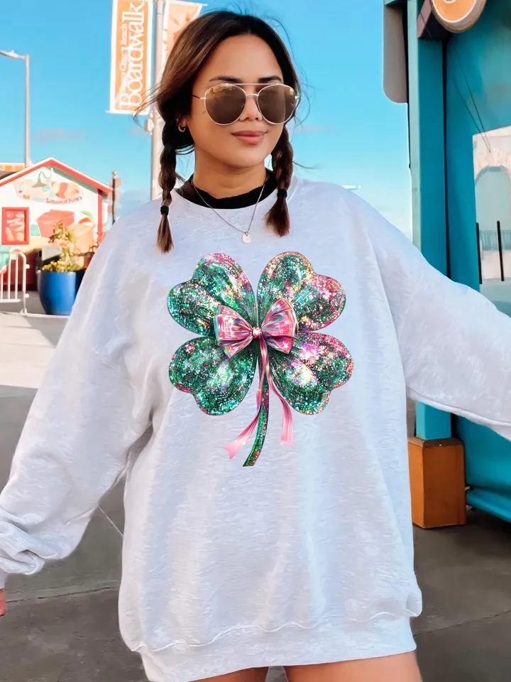Disco Shamrock png, St Patrick's Day Png, Trendy Shamrock Coquette Bow PNG, St Patrick's Day Sublimation png, Four Leaf Clover Mirror Ball