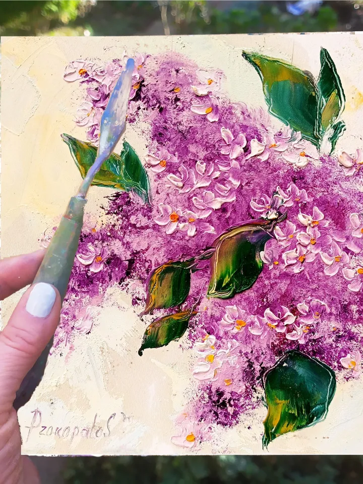 Lilac Painting Floral Original Art Impasto Painting Flower Wall Art Lilac Flowers Painting Oil Painting Country 8x8 by ArtProkopaloSv