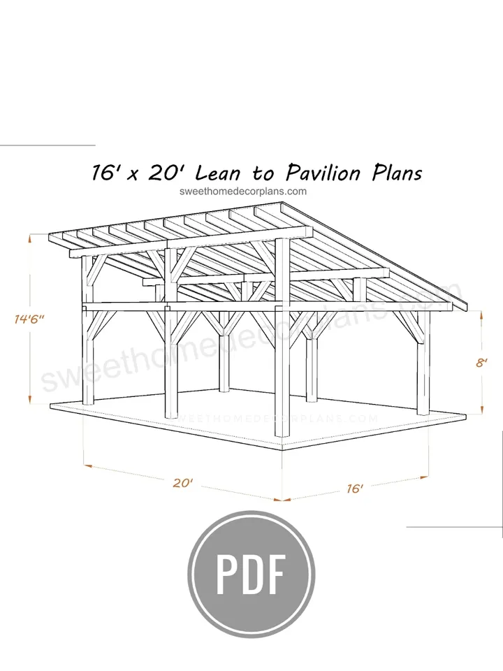 DIY 16 x 20 lean to pavilion plans pdf. Detached carport plans. Wooden covered gazebo outdoor plans. Timber frame backyard garage plans.