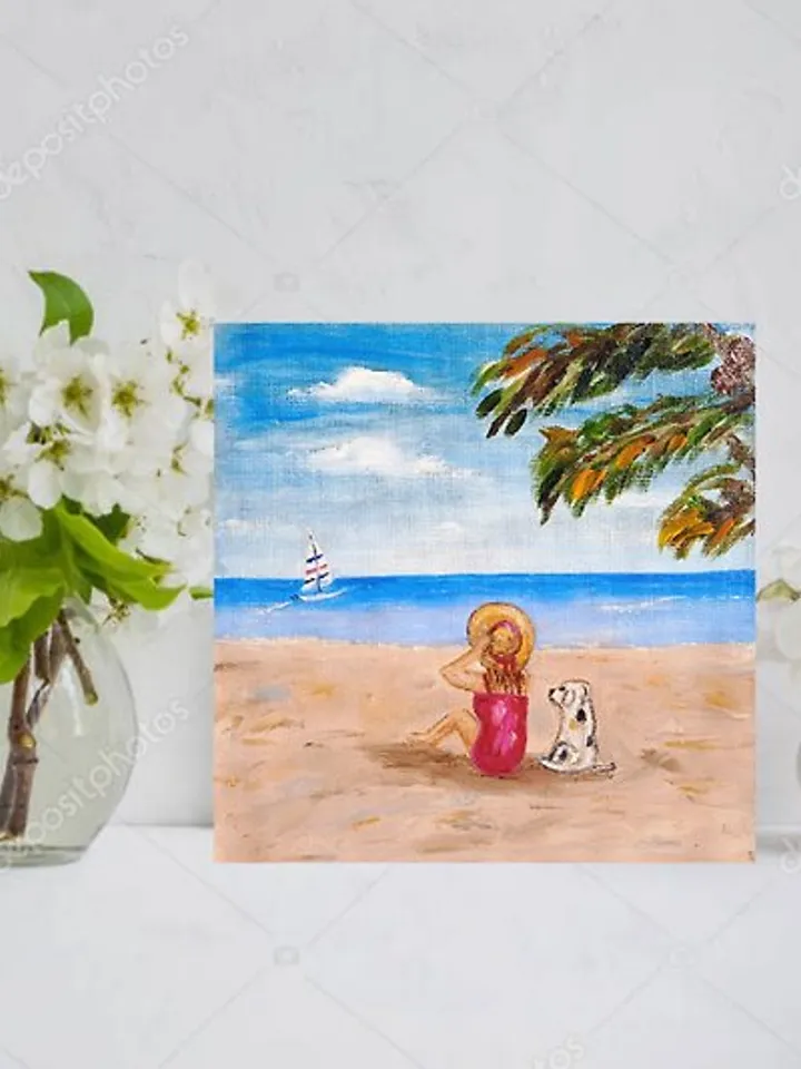 Girl with Dog Seaside Art of the Sea Beach Vacation Original Oil Painting