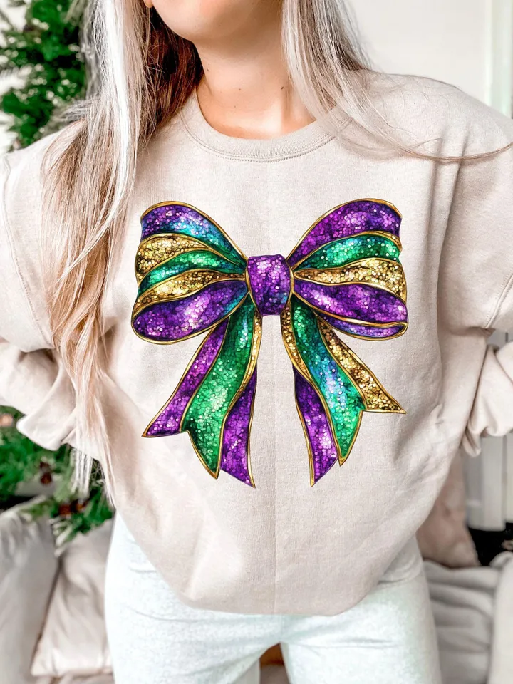 Mardi Gras Bow Sublimation PNG Coquette Bow Mardi Gras Shirt Mardi Beads Louisiana Festival Shirt New Orleans Carnival Glitter Bow Shirt