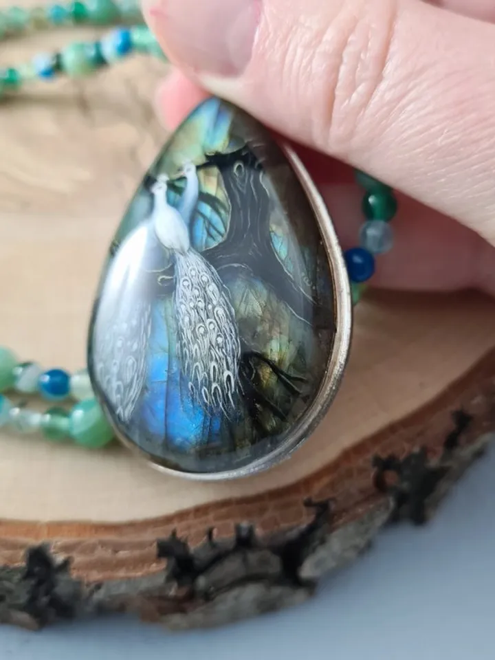 White peacock on labradorite gemstone pendant Miniature painting Necklace