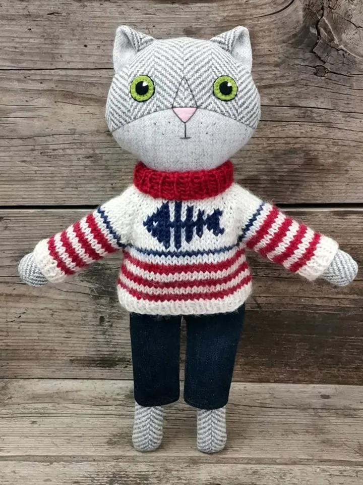 Gray cat boy, handmade wool plush doll, stuffed kitten toy, cat soft doll