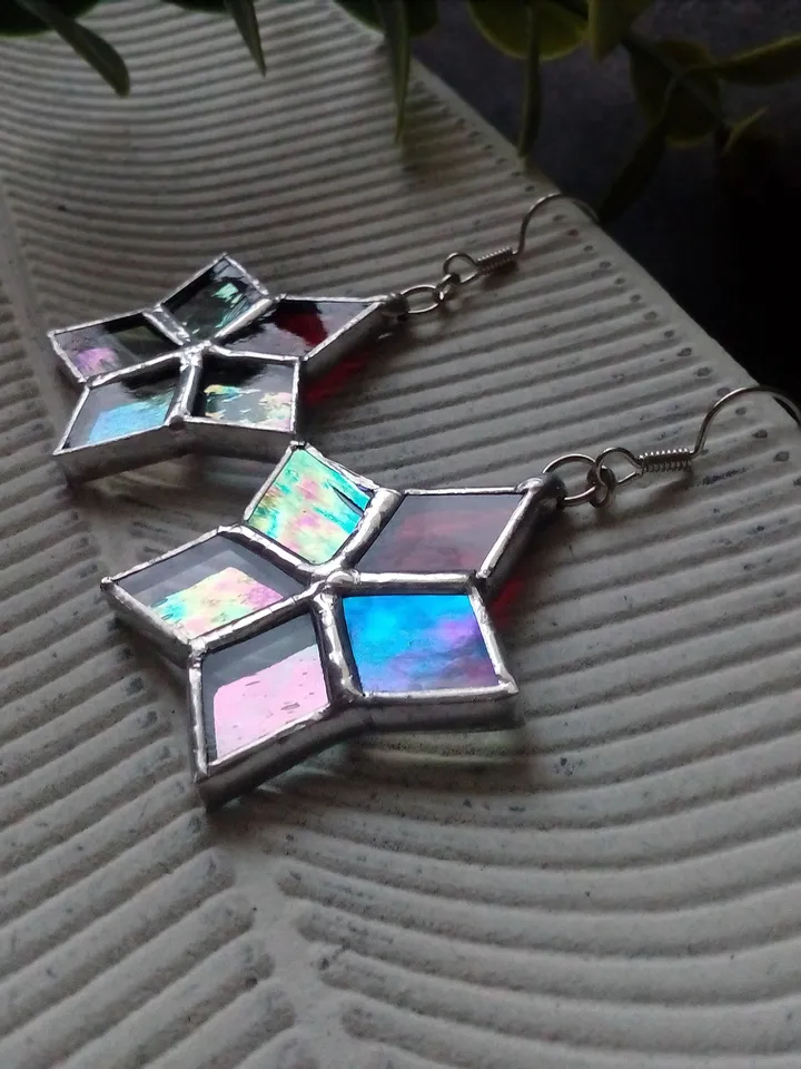 Star drop earrings, flower dangle earrings, geometric earrrings, Iridescent drop earrings, simple stained glass