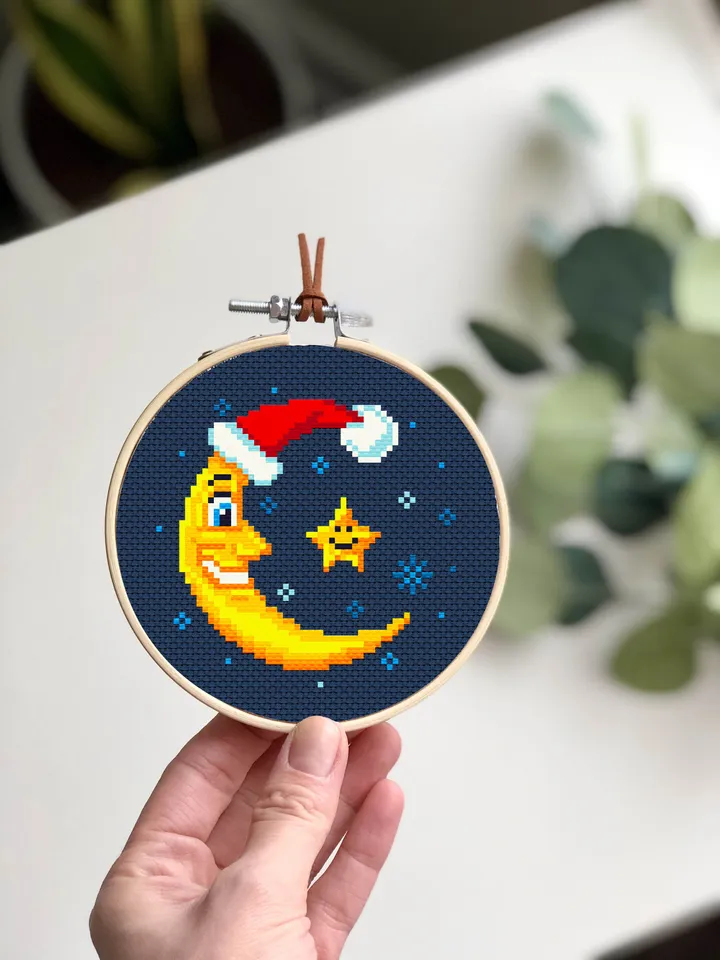 Christmas crescent moon cross stitch pattern download PDF Small Christmas pattern digital Winter embroidery PDF Mini tree ornaments #N11